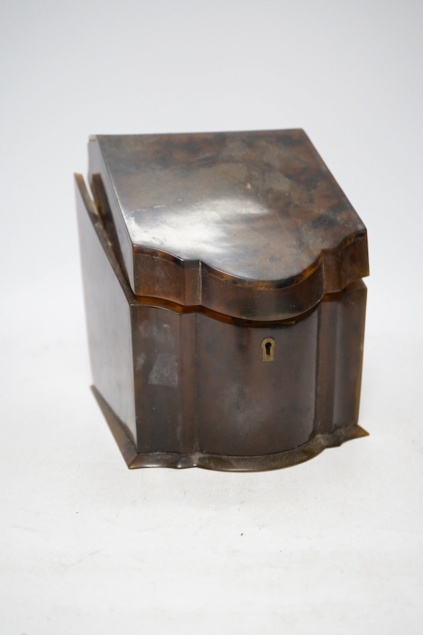 A late 19th century tortoiseshell letter box, 19cm high. Condition - in need of restoration, side panel broken away from back panel